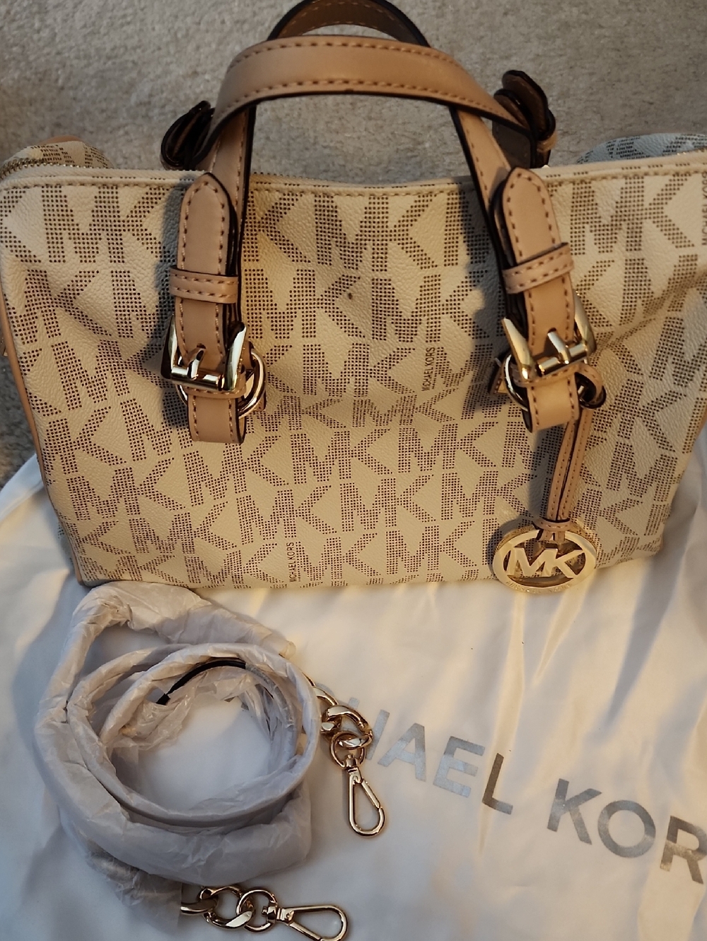 VINTAGE Michael Kors Cream/Tan Signature MK Satchel with Gold Hardware